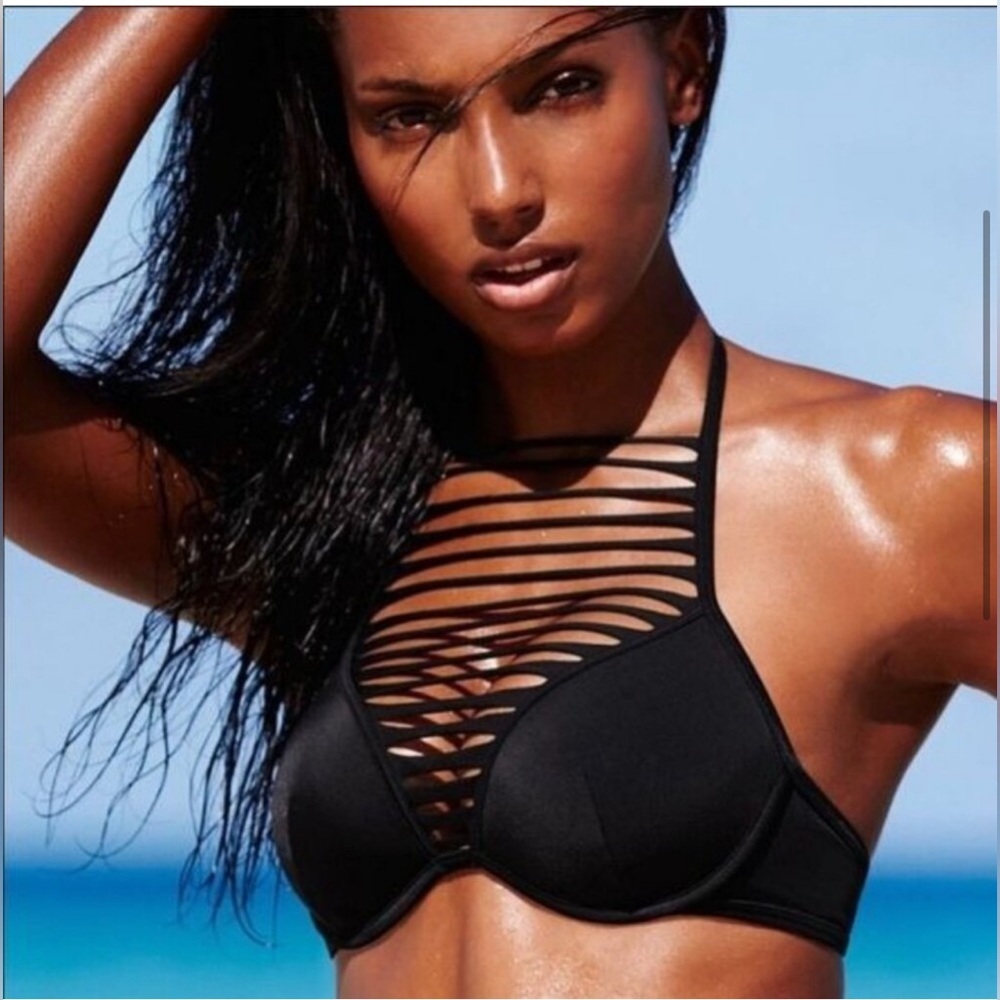 NWOT Victoria’s Secret Black Hottie Halter Strappy Swimsuit + 1 cup size 36DD